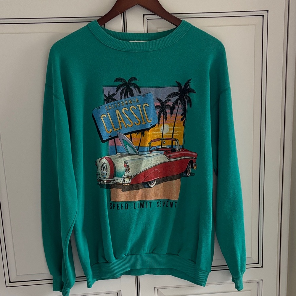 Vintage‎ 80s California Surf Sweatshirt Speed Limit 70 Car Beach Teal Mens Large